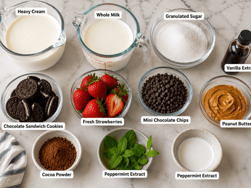 Ingredients for 6 Homemade Ice Cream Recipes including cream, milk, sugar, strawberries, cookies, chocolate chips, and peanut butter