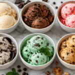 6 Homemade Ice Cream Recipes featuring vanilla, chocolate, strawberry, cookies and cream, mint chocolate chip, and peanut butter ice cream