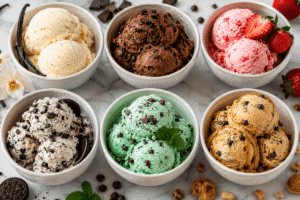 6 Homemade Ice Cream Recipes featuring vanilla, chocolate, strawberry, cookies and cream, mint chocolate chip, and peanut butter ice cream