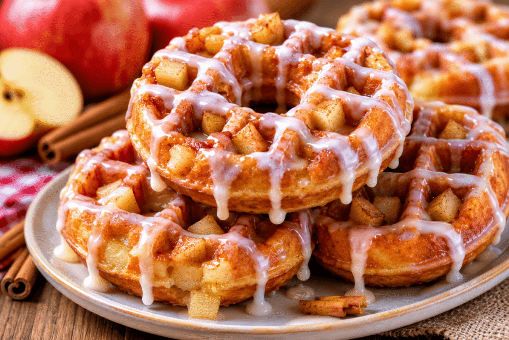 Apple Fritter Waffle Donuts topped with vanilla glaze and fresh apple pieces