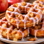 Apple Fritter Waffle Donuts topped with vanilla glaze and fresh apple pieces
