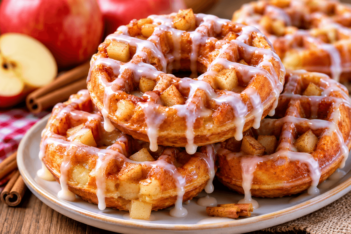 Apple Fritter Waffle Donuts topped with vanilla glaze and fresh apple pieces
