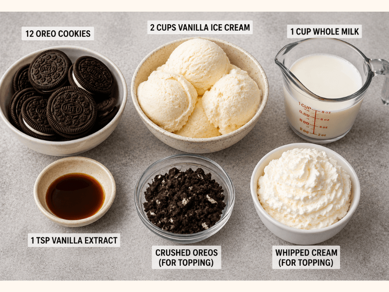 Ultimate Oreo Milkshake ingredients arranged before blending