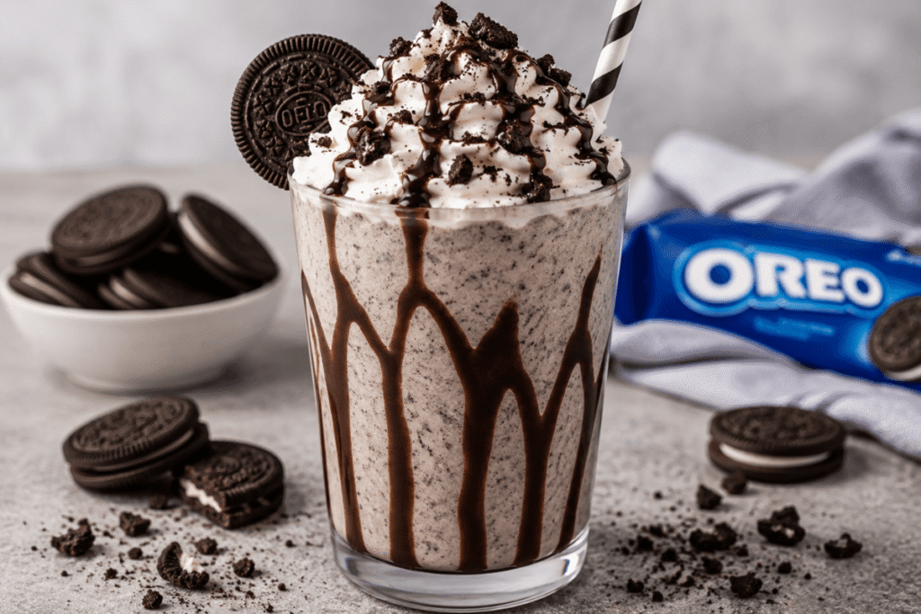 Ultimate Oreo Milkshake topped with whipped cream and cookie crumbs
